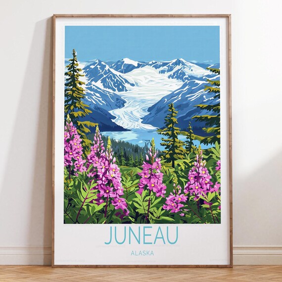 Juneau Alaska Glacier And Fireweed Flowers Vintage Travel Poster