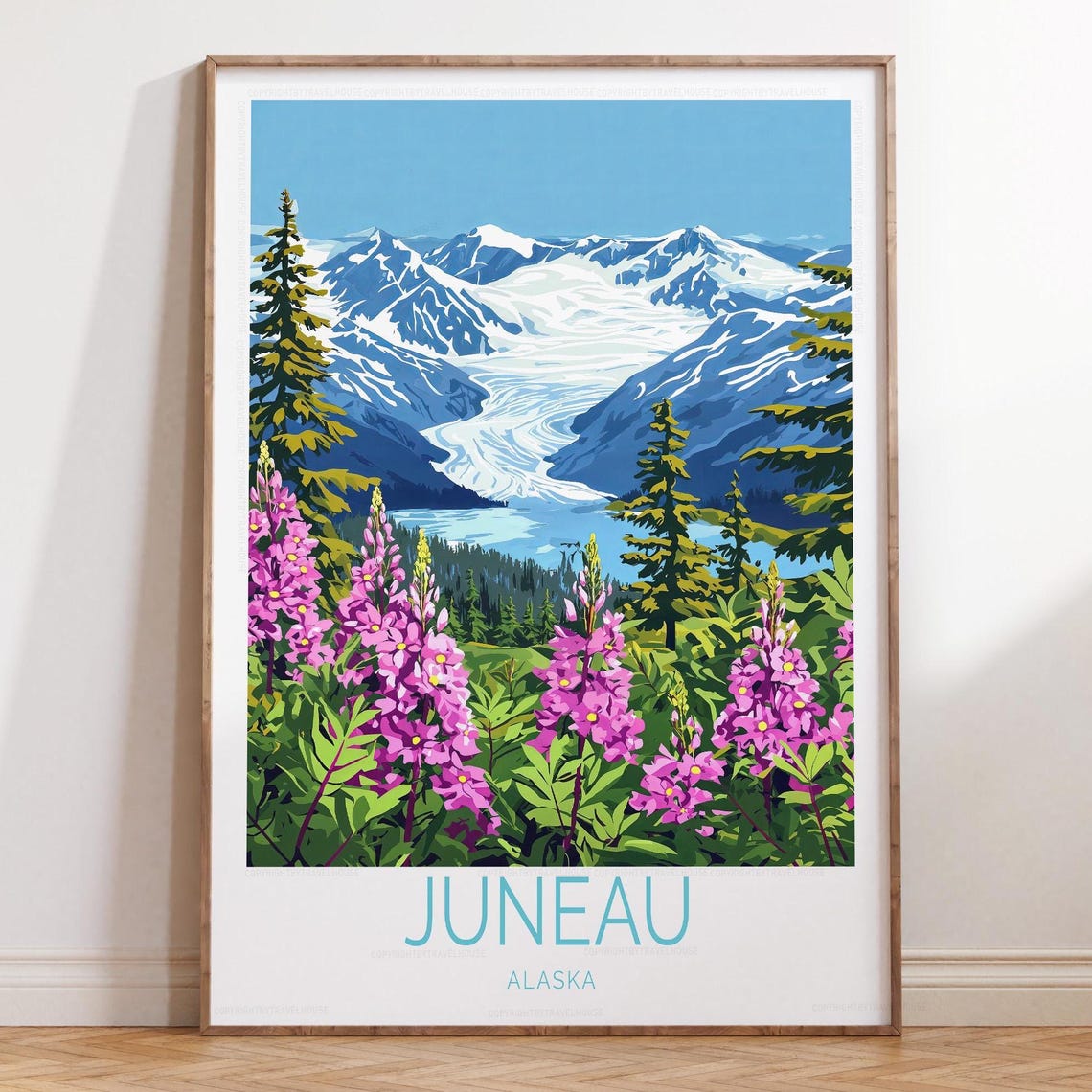 Juneau Alaska Glacier And Fireweed Flowers Vintage Travel Poster