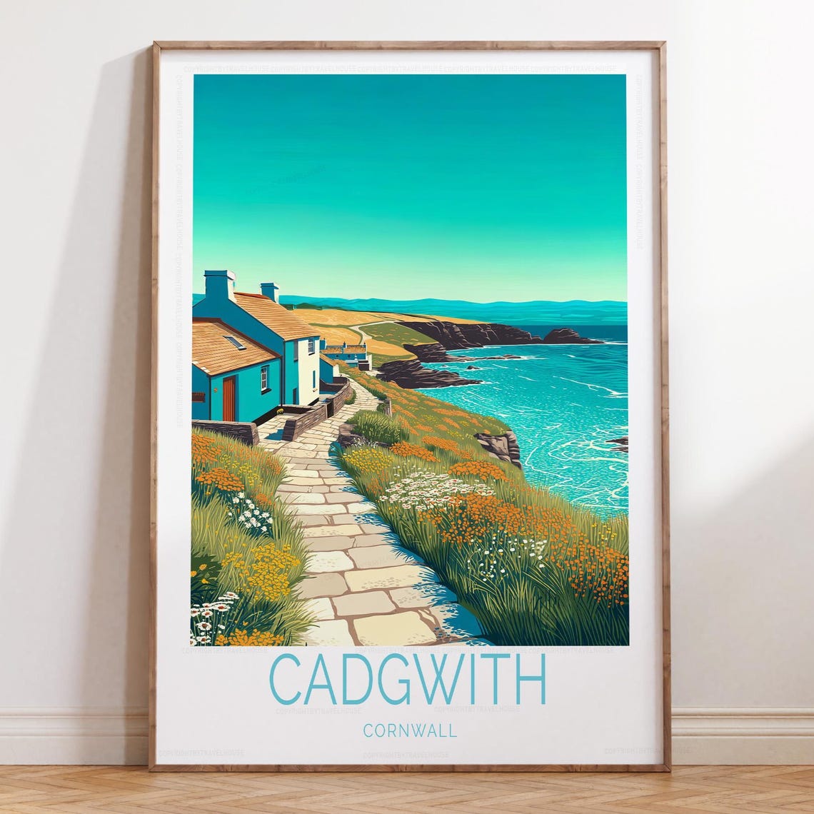 Cadgwith Cornwall Coast Poster with Wildflowers and Stone Path