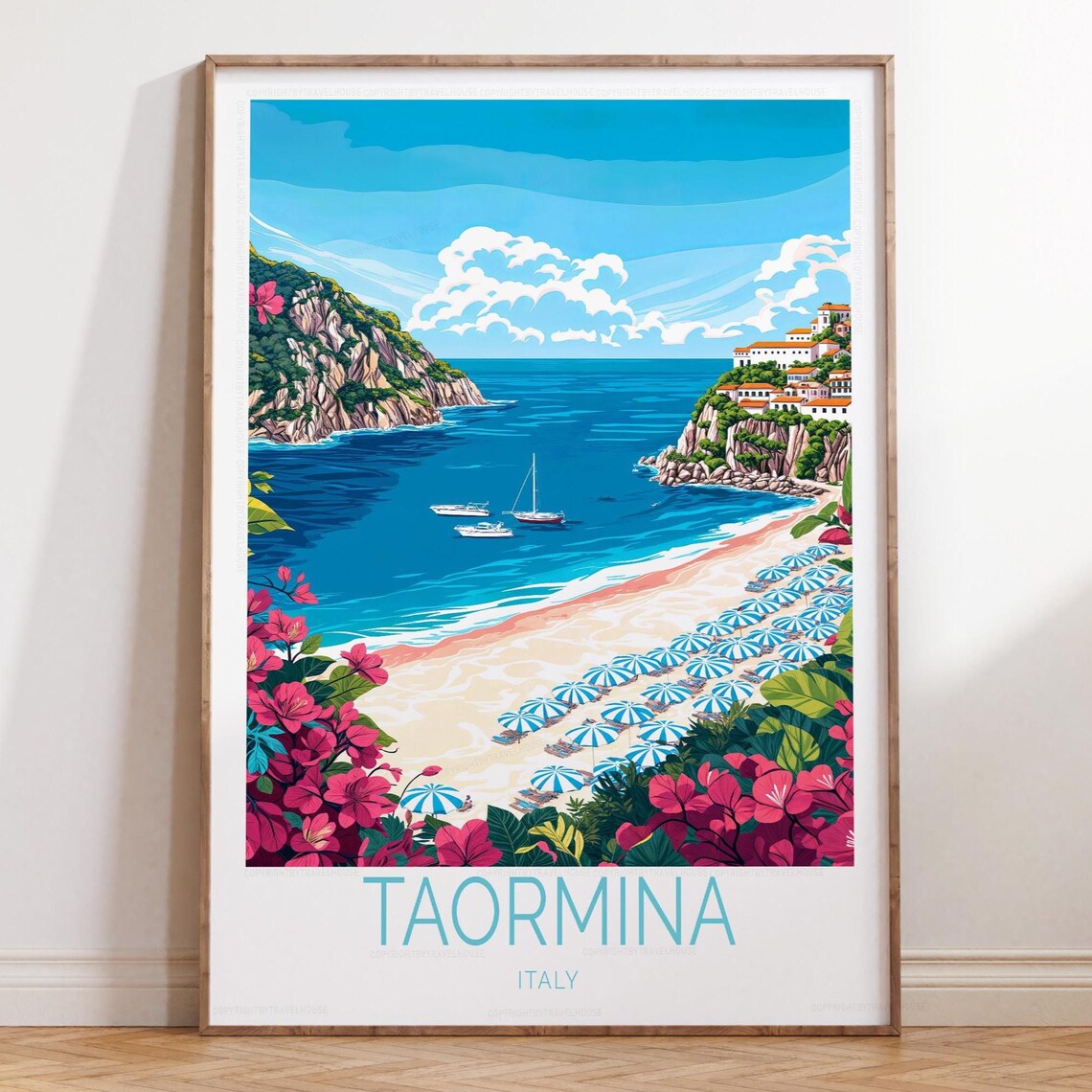 Taormina Italy Beach Bougainvillea Cove Blue Umbrellas Travel Poster