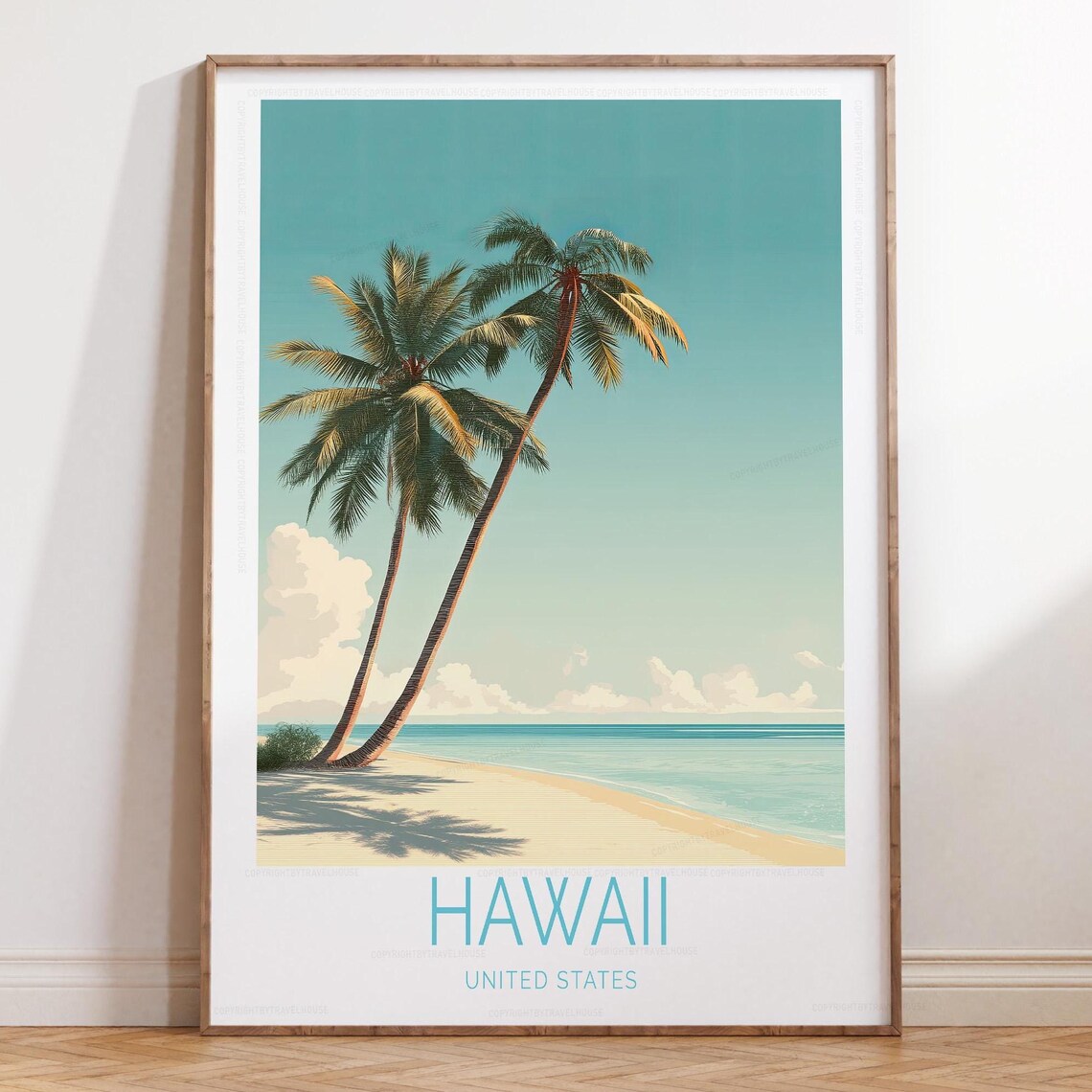 Hawaii Palm Trees Beach Turquoise Sky Retro Style Travel Poster