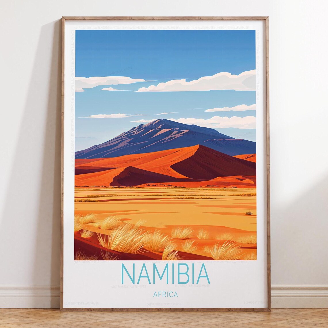 Namibia Africa Red Desert Dunes and Blue Mountain Travel Poster