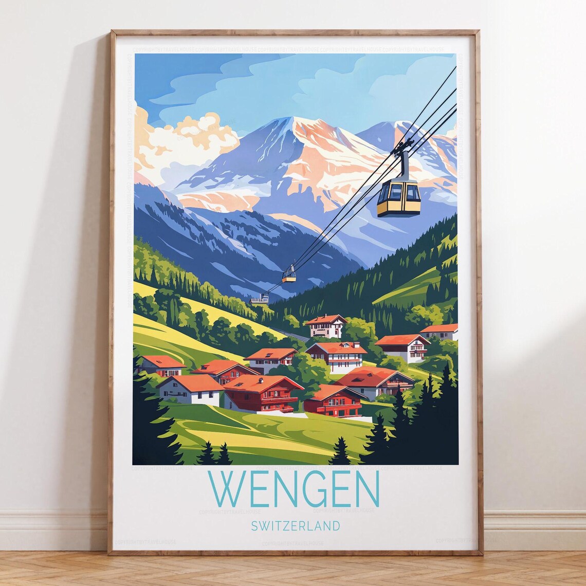 Wengen Switzerland Alpine Village Cable Car Snowy Mountain Poster