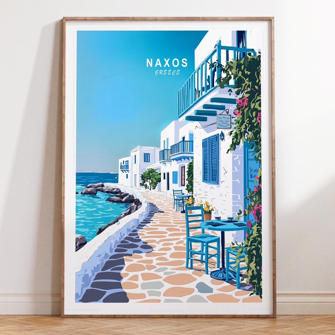 Naxos Greece Travel Poster Cycladic Alley Blue Doors Sea View Scene