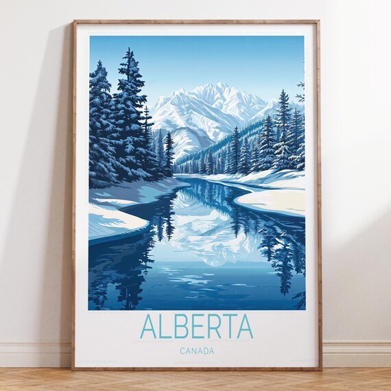 Alberta Canada Winter Mountain Lake Snowy Pines Reflection Travel Poster