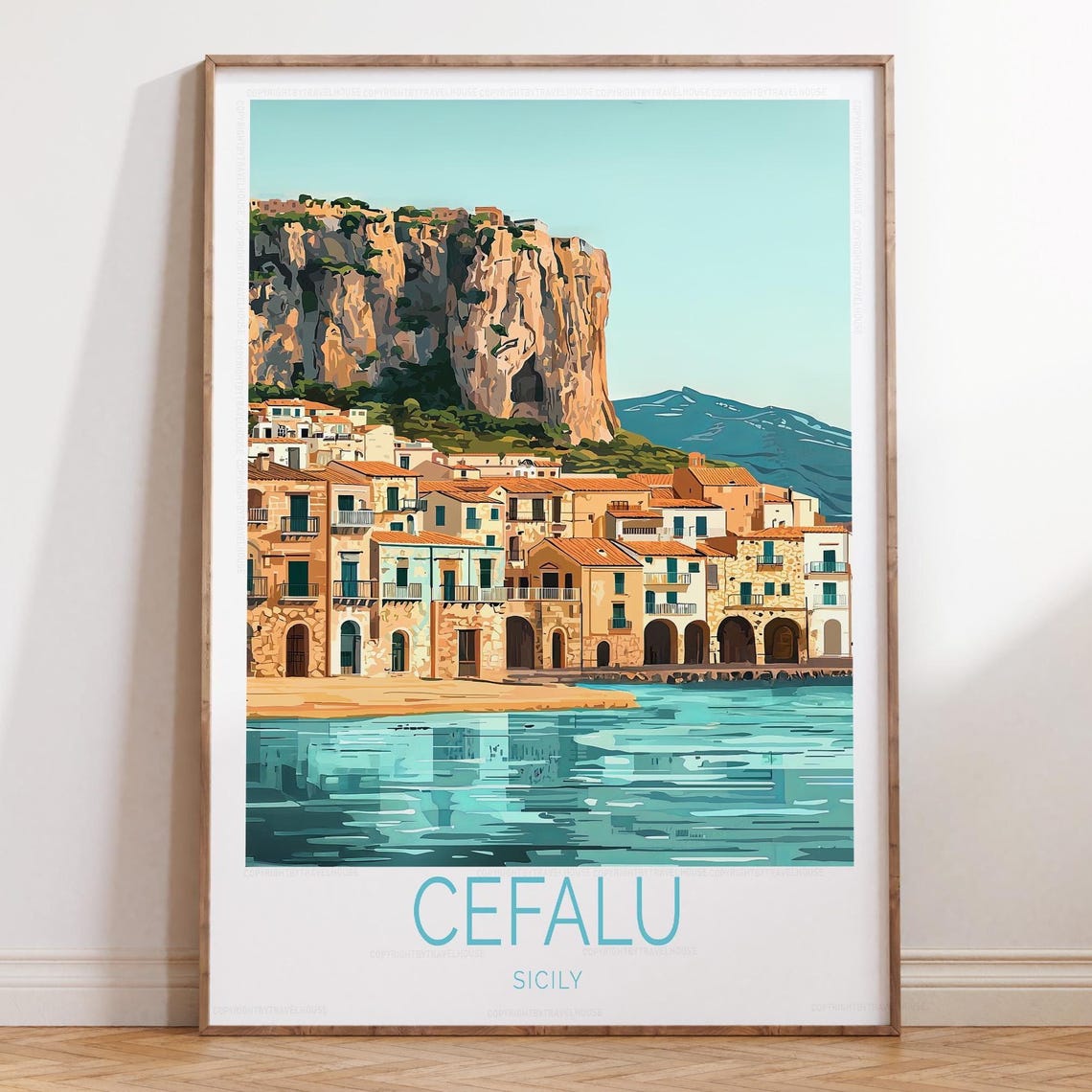 Classic Cefalu Sicily Harbor Old Town Vintage Caption Travel Poster