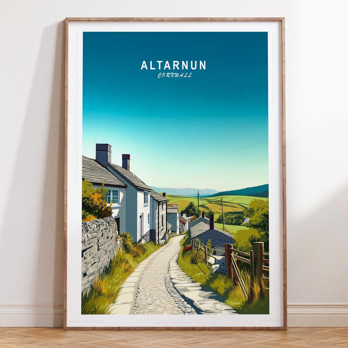 Altarnun Cornwall Bright Turquoise Sky Village Rooftops Travel Poster
