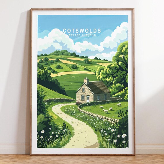 Cotswolds England Stone Cottage Rolling Hills Sheep Countryside Poster