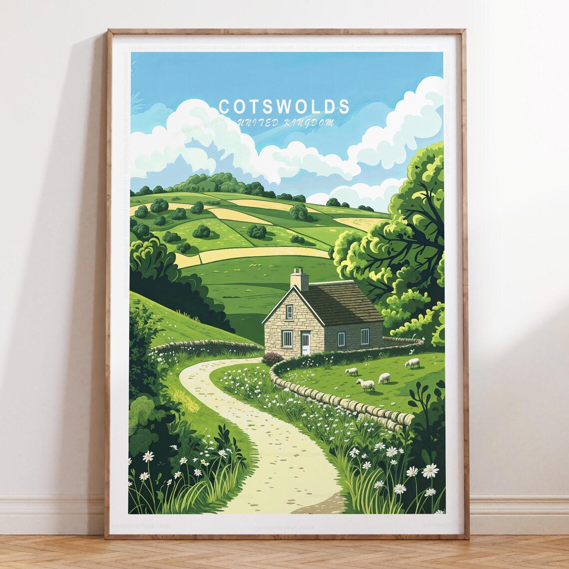 Cotswolds England Stone Cottage Rolling Hills Sheep Countryside Poster