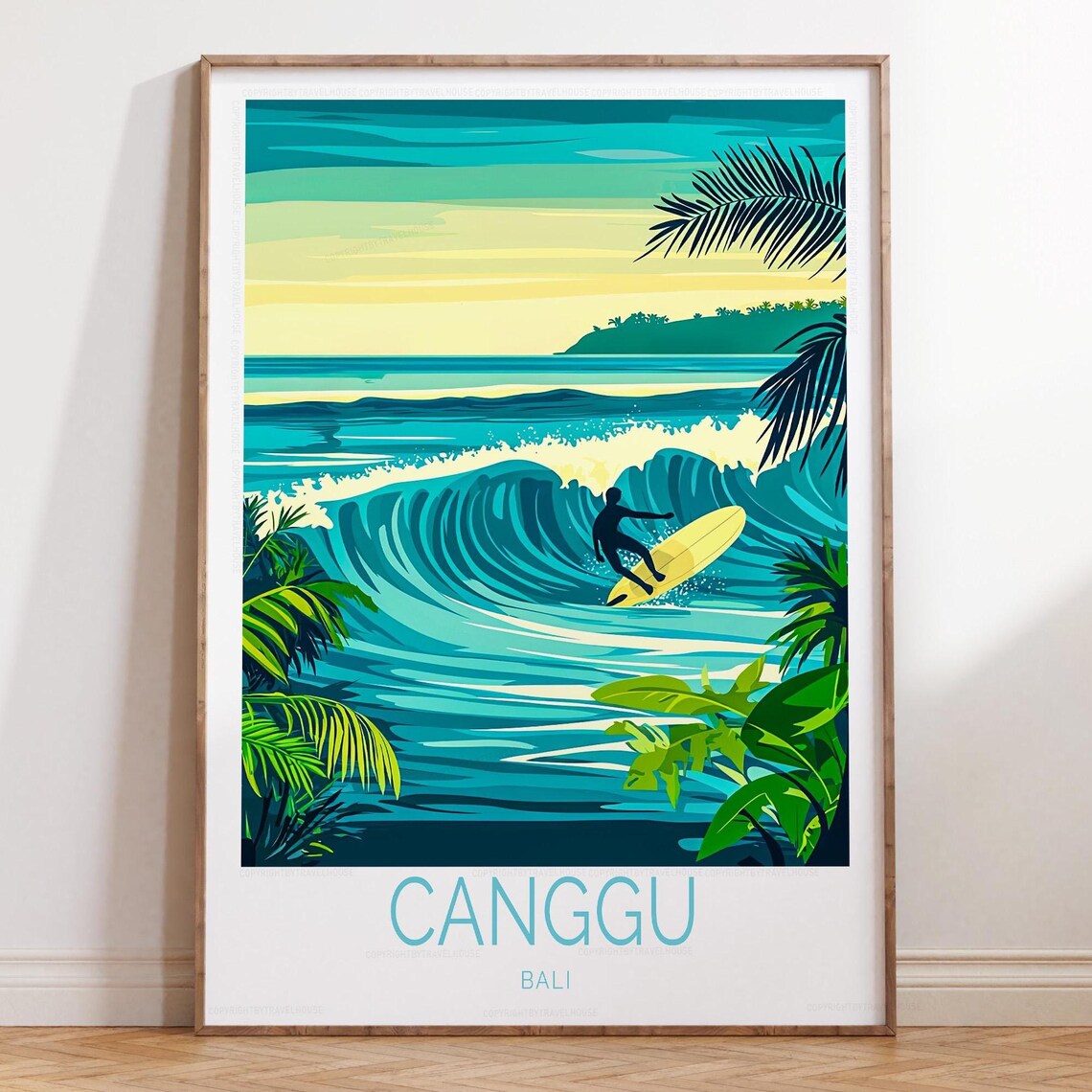 Canggu Bali Surfer Riding Ocean Wave Retro Palm Tree Travel Poster