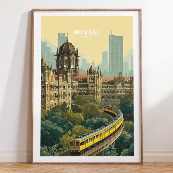 Mumbai India Grand Heritage Station Yellow Train Skyline Poster