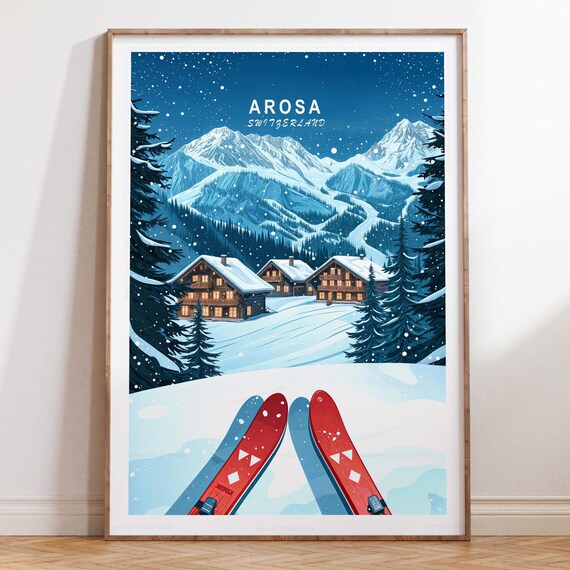 Arosa Switzerland Starry Night Ski Travel Poster with Title on Top