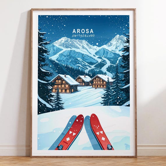 Arosa Switzerland Travel Poster Ski Print Wall Art House Warming Gifts Minimalist Cityscape