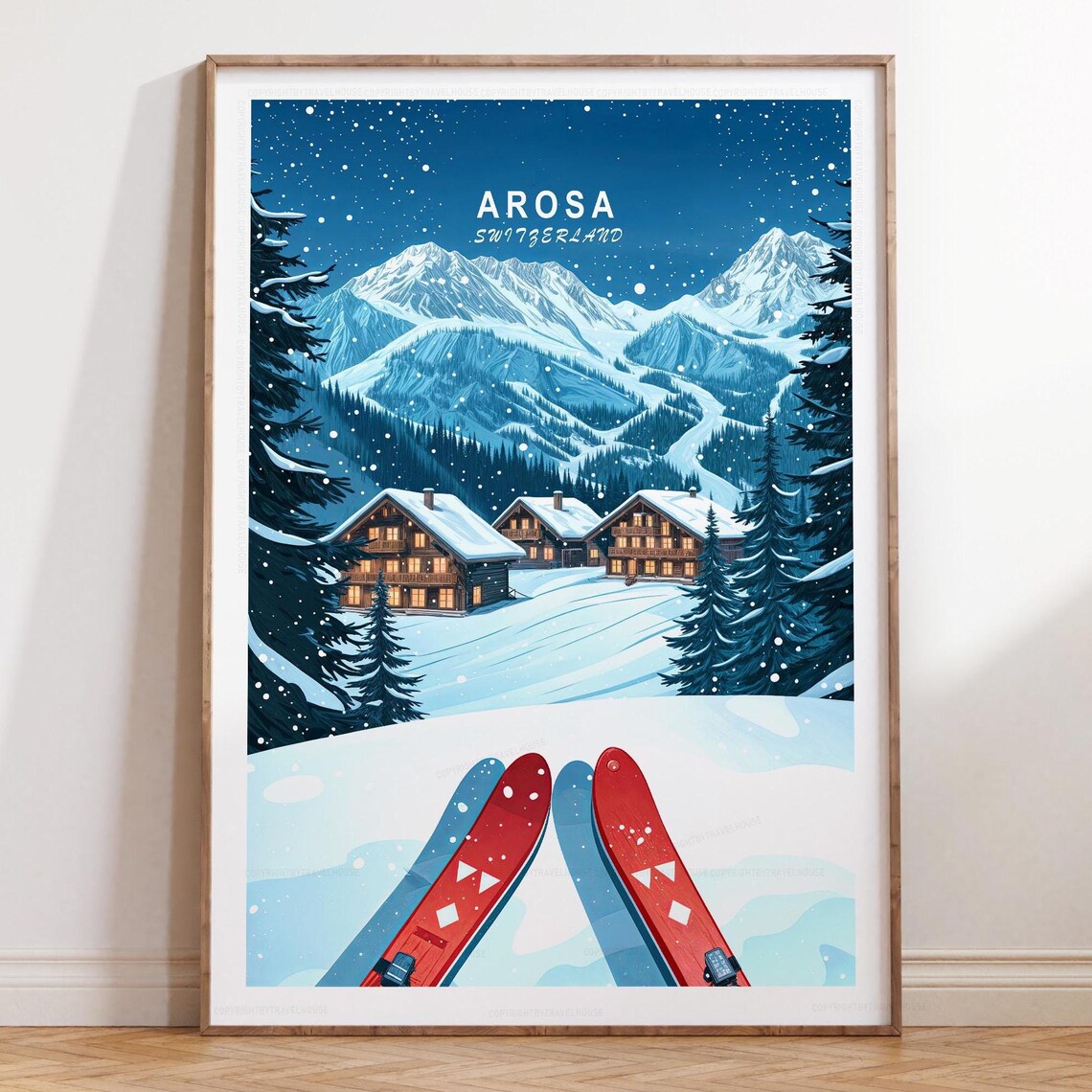 Arosa Switzerland Starry Night Ski Travel Poster with Title on Top