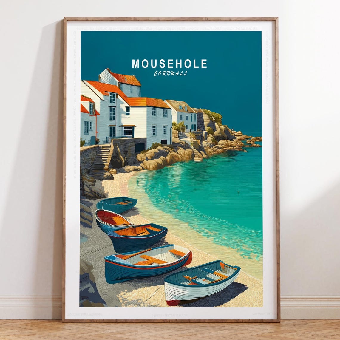 Mousehole Cornwall Rowboats On Sand By White Cottages Poster