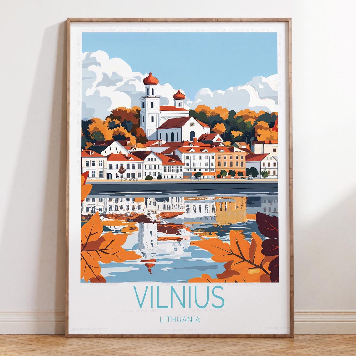 Vilnius Lithuania Autumn Old Town Riverside Vintage Art Poster