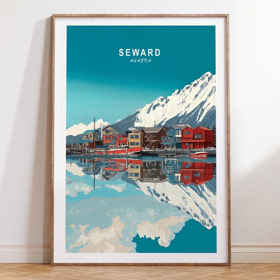 Seward Alaska Harbor Reflections Mountain View Travel Poster