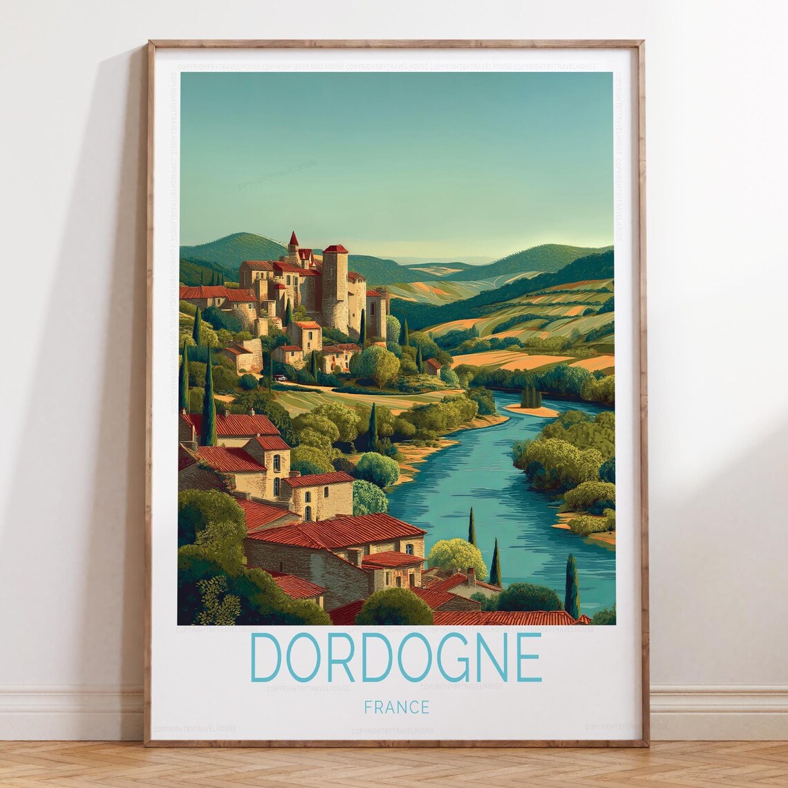 Dordogne France Village River Bend Bold Bottom Title Travel Art Print