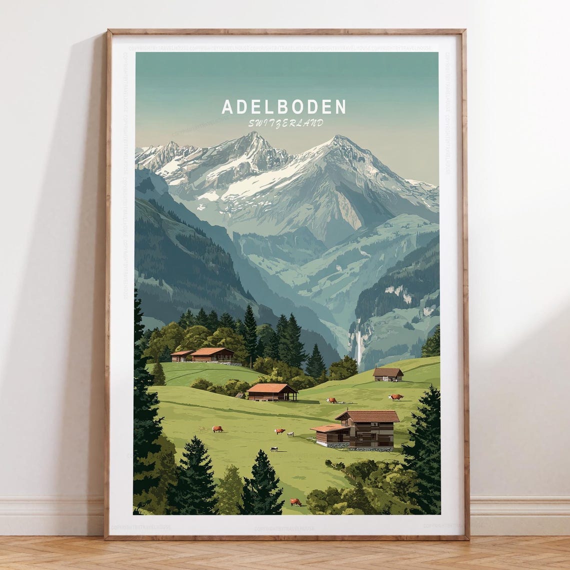 Adelboden Switzerland Mountain Chalets Alpine Valley Travel Poster