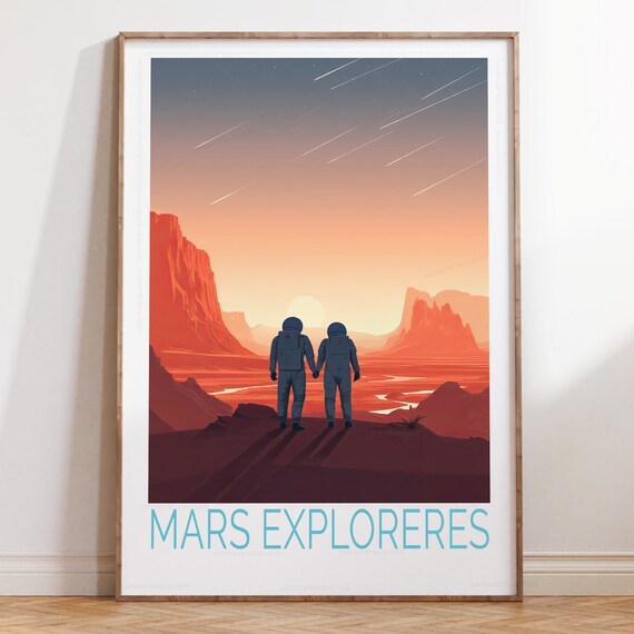 Mars Explorers Astronaut Duo Watching Sunset Over Red Mesas Poster