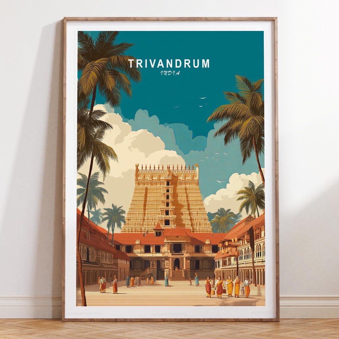 Trivandrum India Temple Tower Cloud Skyline Vintage Travel Poster