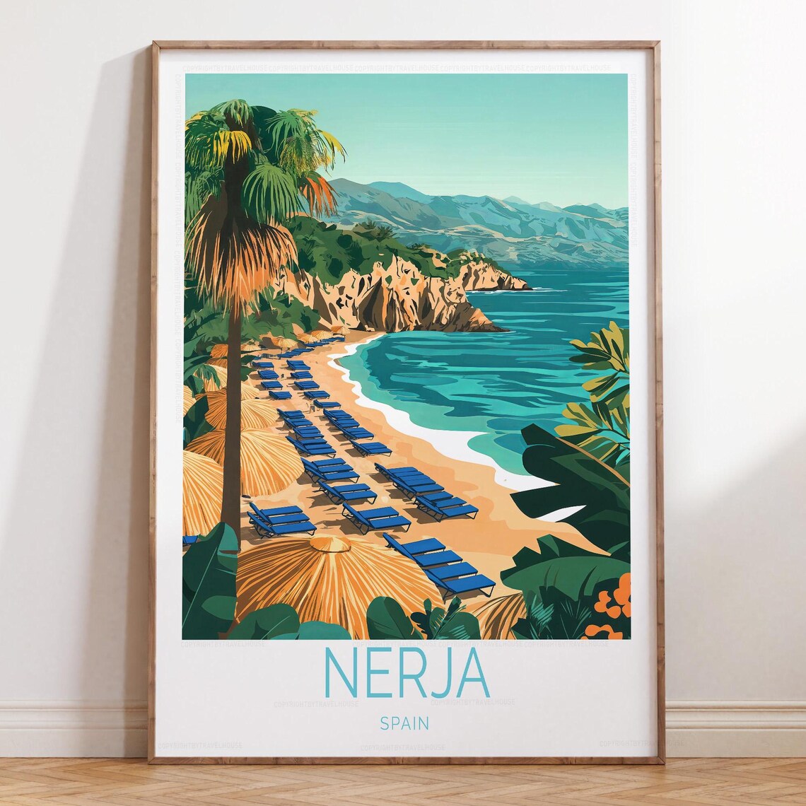 Nerja Spain Beach Rows of Sun Loungers Along Coast Travel Poster