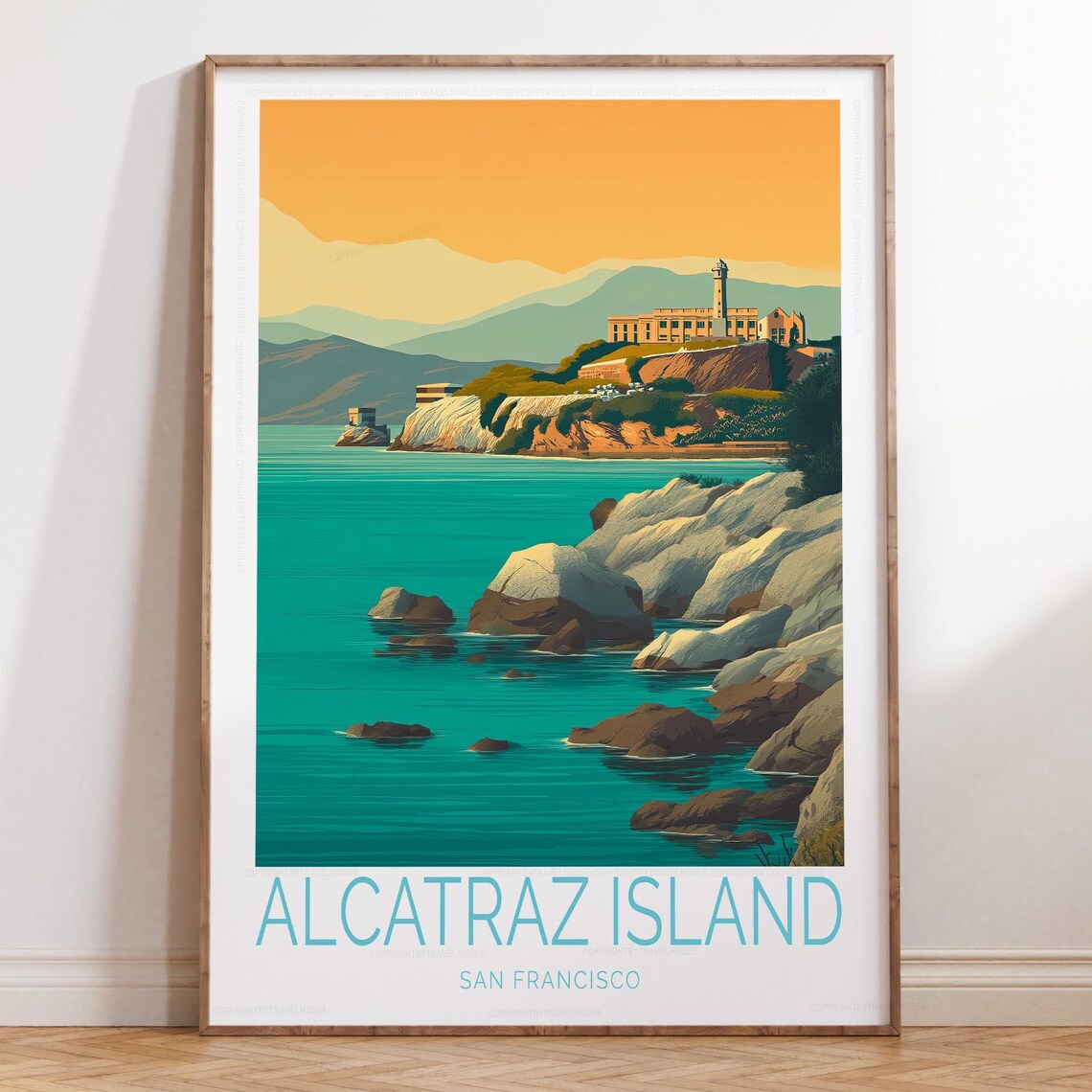 Alcatraz Island San Francisco Teal Water Rocky Shore Vintage Poster