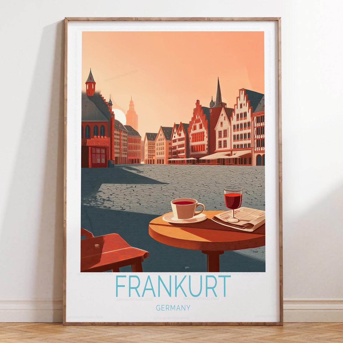 Frankfurt Germany Old Town Square Café Terrace Sunset Travel Poster