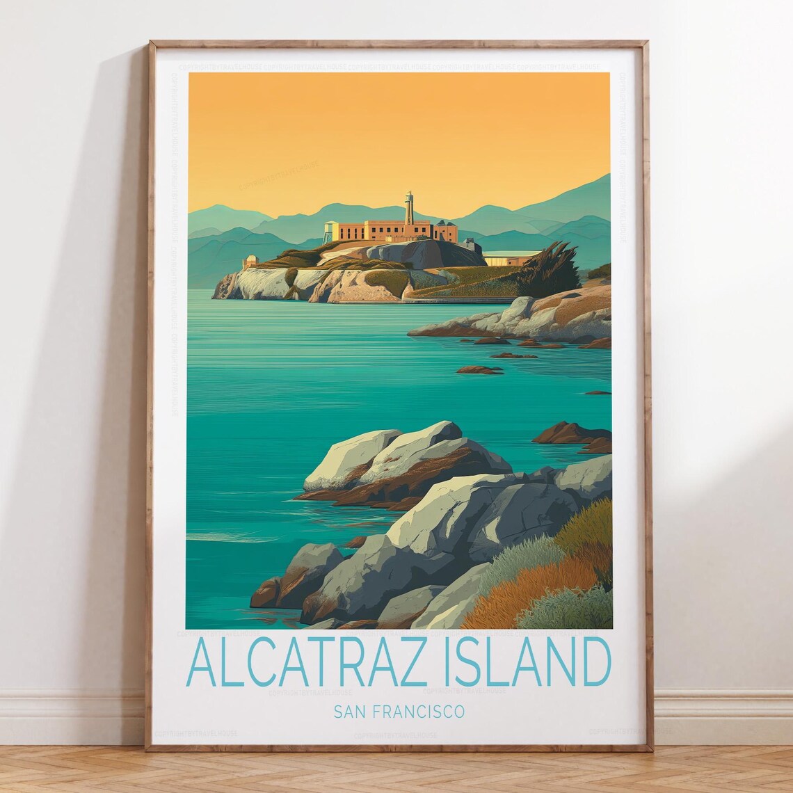 Alcatraz Island San Francisco Golden Hour Vintage Travel Art Poster