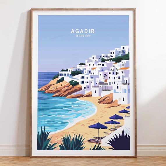 Agadir Morocco Golden Beach Umbrellas Seaside Travel Art Poster