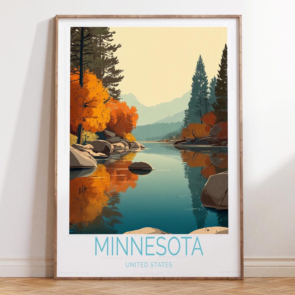 Minnesota Autumn Lake Reflection Fall Landscape Travel Poster
