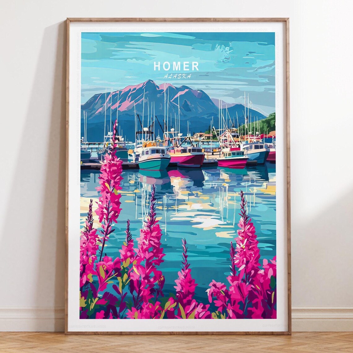 Homer Alaska Harbor Meadow of Pink Fireweed Vintage Travel Poster