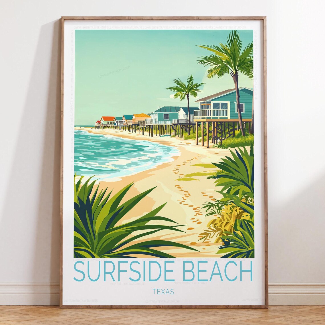 Surfside Beach Texas Shoreline Travel Poster with Row of Stilt Houses