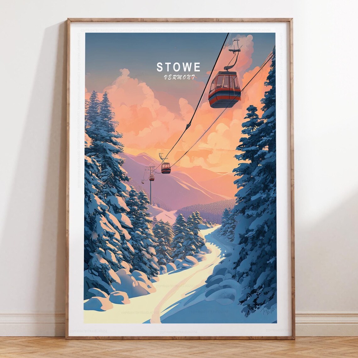 Stowe Vermont Red Ski Gondola Over Snowy Pines At Sunset Poster