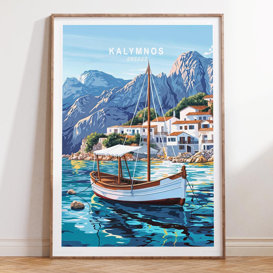 Kalymnos Greece White Title Sailboat Bay Scene Travel Poster