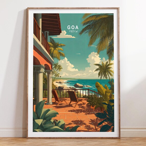 Goa India Tropical Seaside Balcony Rocking Chairs Retro Travel Print