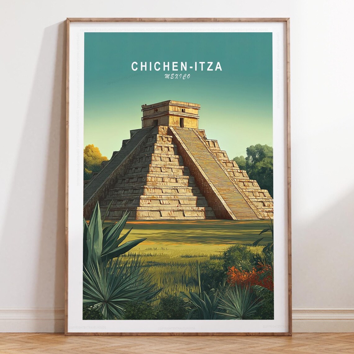 Chichen Itza Mexico Minimalist Travel Poster - Ancient Mayan Pyramid View