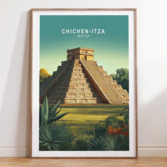 Chichen Itza Mexico Minimalist Travel Poster - Ancient Mayan Pyramid View