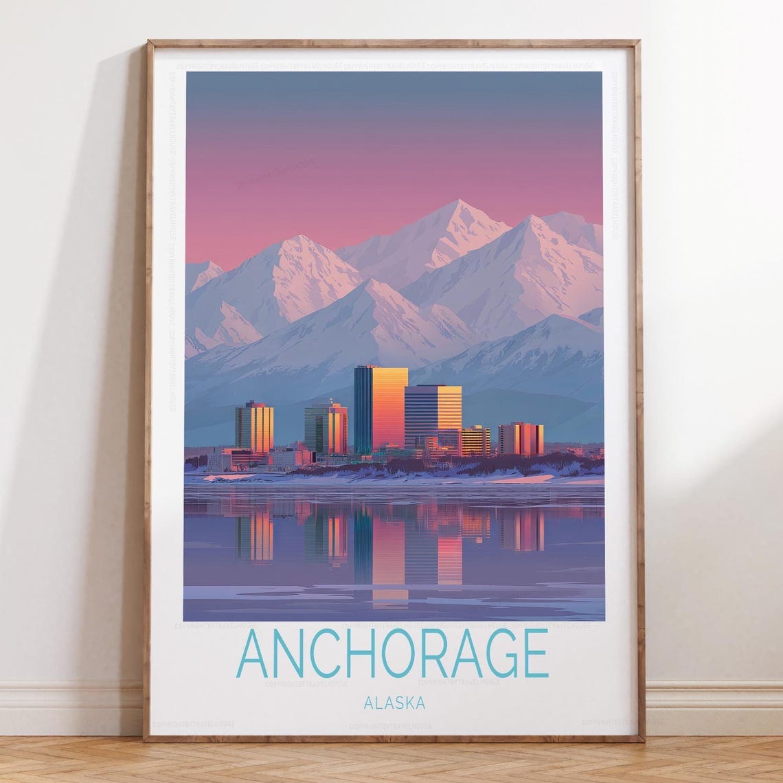 Anchorage Alaska Sunset Skyline Mountain Reflection Travel Poster