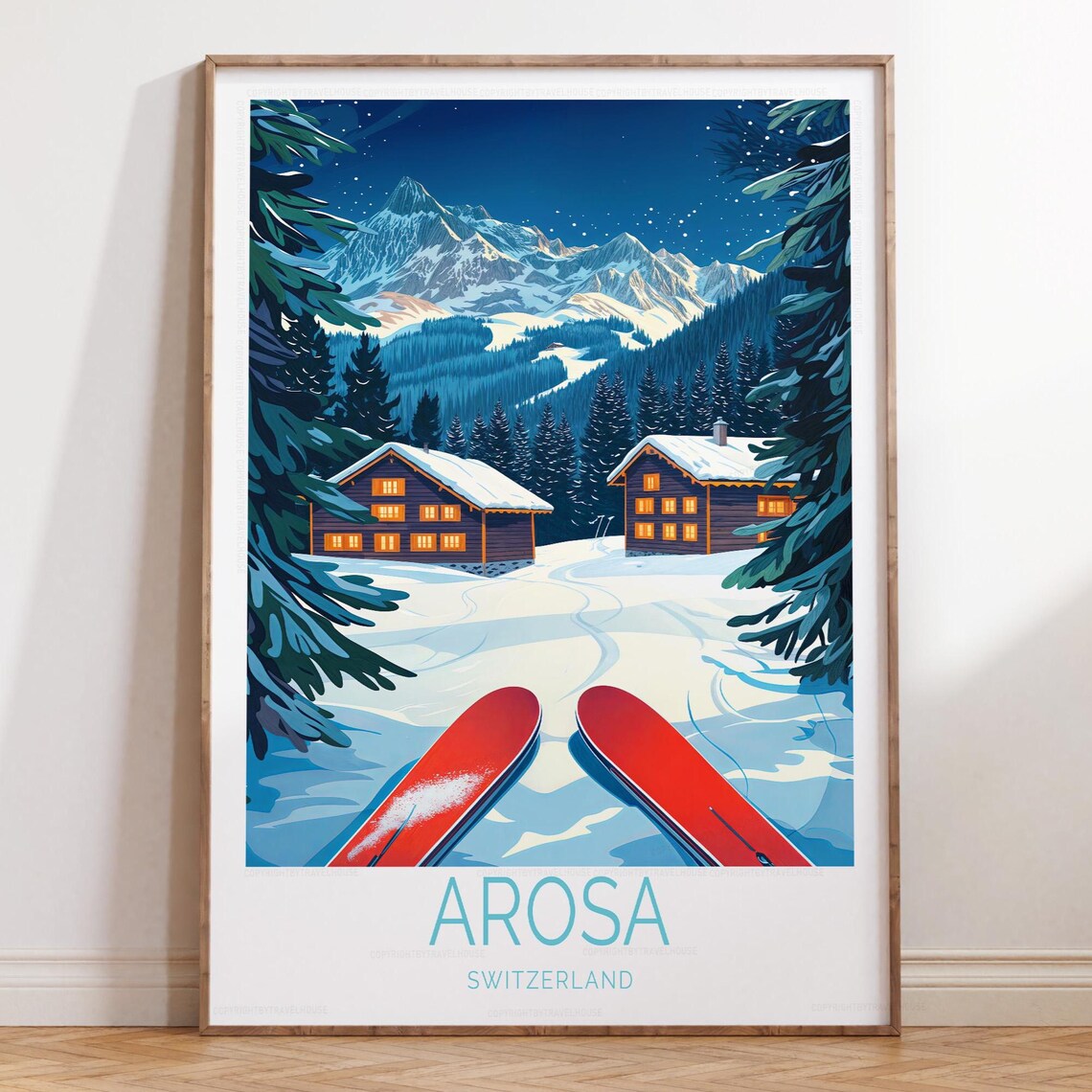 Arosa Switzerland Ski Chalets Red Skis Snowy Mountain Travel Poster