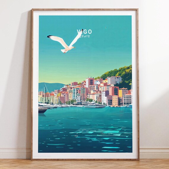 Vigo Spain Harbour Poster Seagull Marina Waterfront Galicia Travel