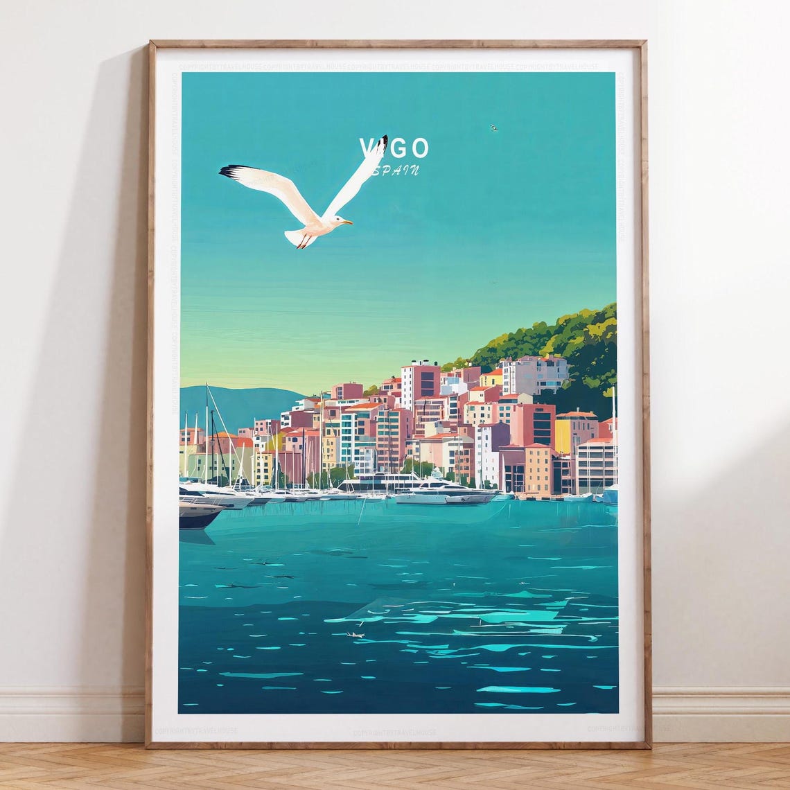 Vigo Spain Harbour Poster Seagull Marina Waterfront Galicia Travel