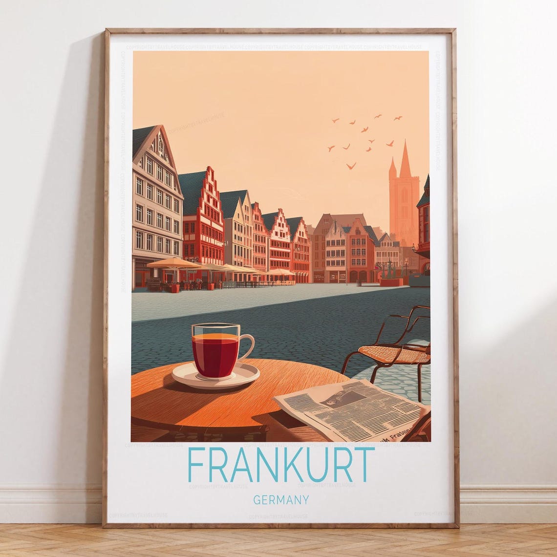 Frankfurt Germany Römerberg Square Café Morning Travel Poster