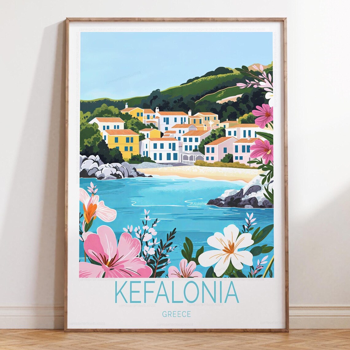 Kefalonia Greece Coastal Village Flowers Turquoise Sea Travel Poster