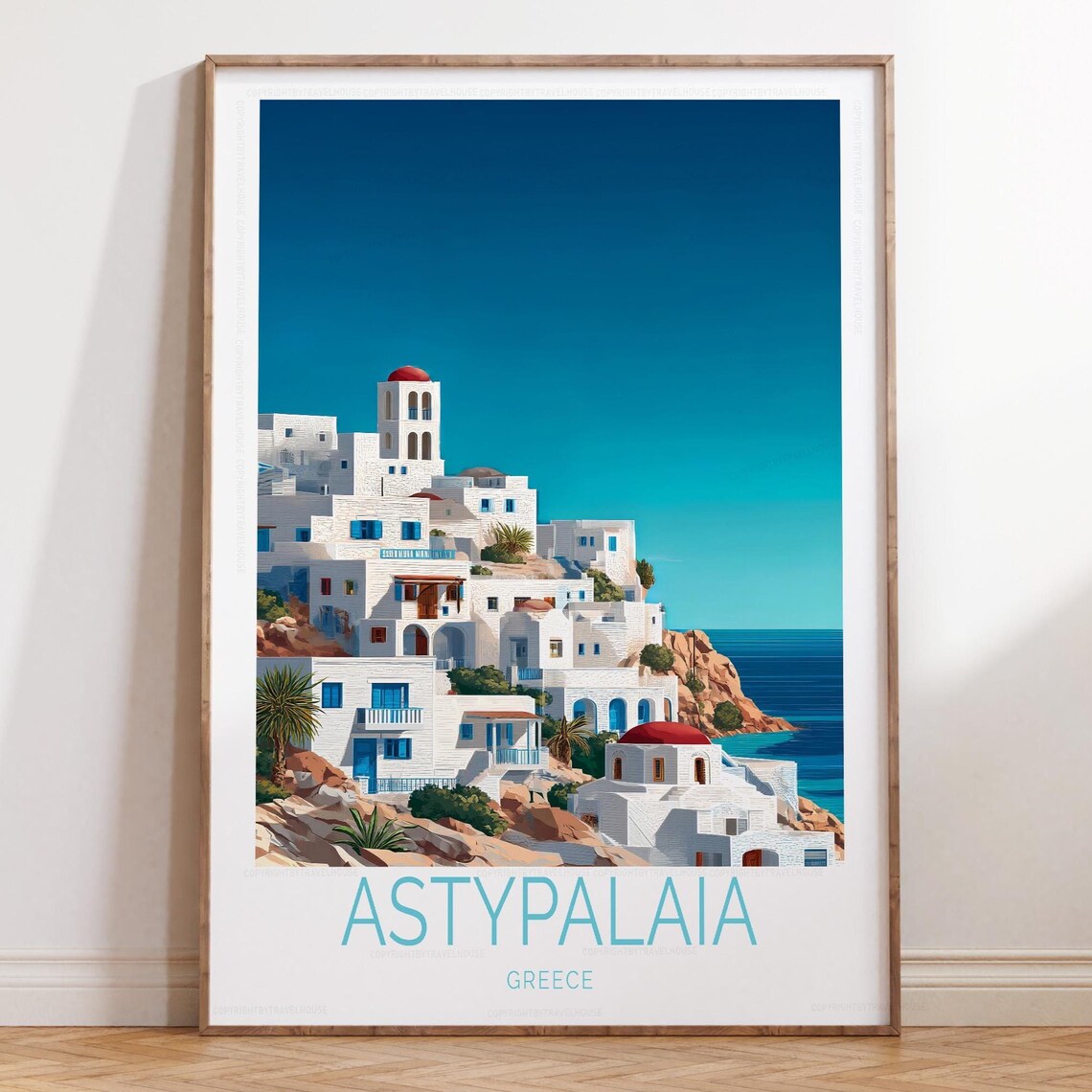 Astypalaia Greece Village Poster Red Dome Church Blue Sky Travel Art