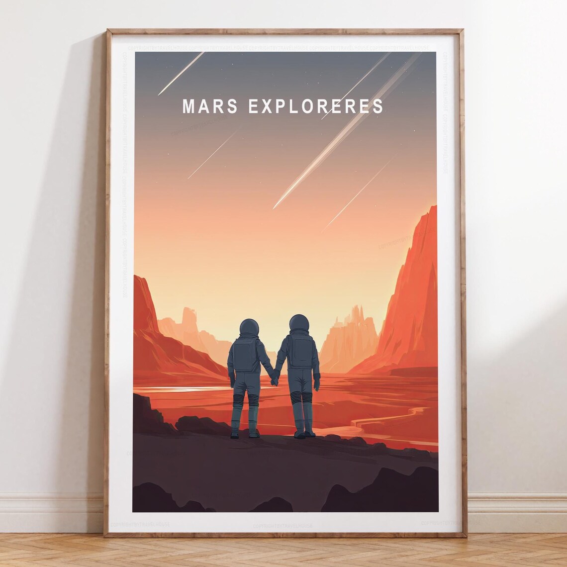 Mars Explorers Astronauts Meteor Shower Red Planet Travel Art Poster