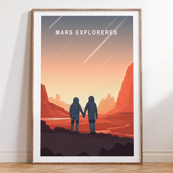 Mars Explorers Astronauts Meteor Shower Red Planet Travel Art Poster