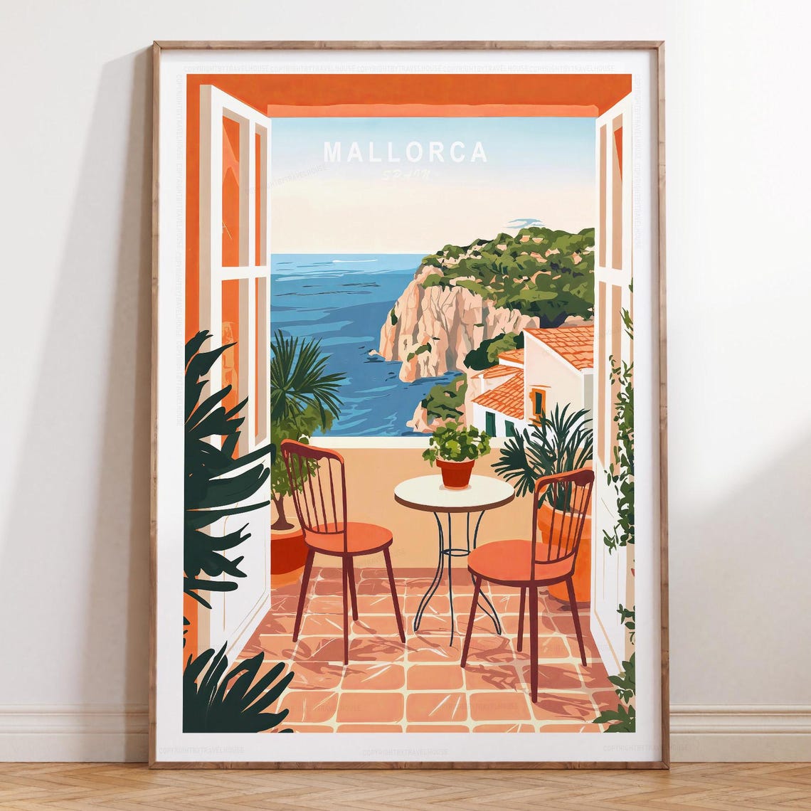 Mallorca Spain Open Terrace Doors Over Cliffs Sea View Poster