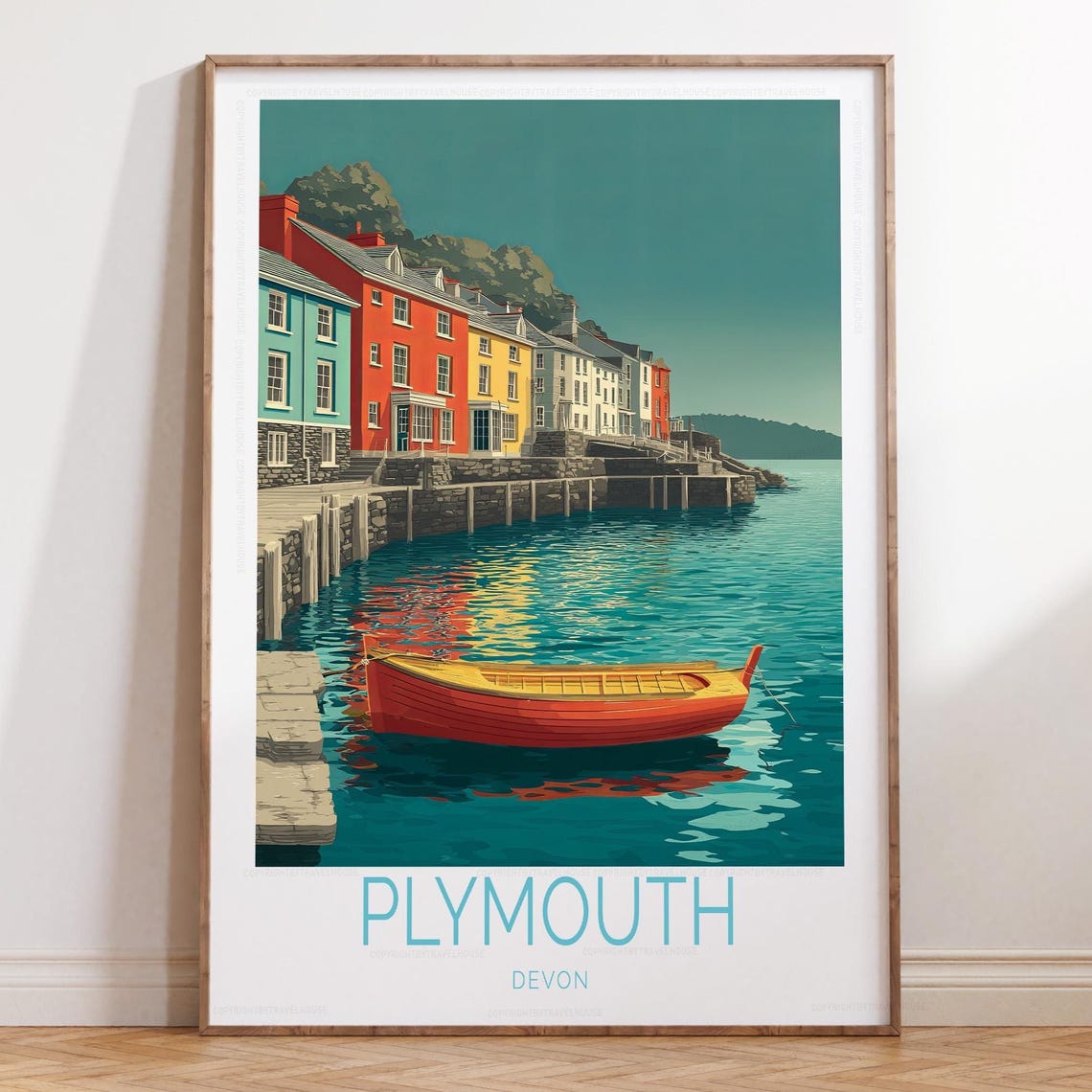 Plymouth Devon Harbor Waterfront Houses And Red Rowboat Travel Poster