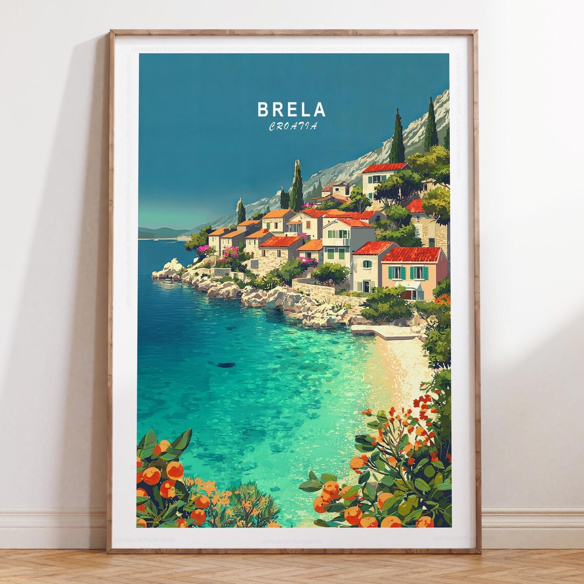 Brela Croatia Adriatic Beachfront Village with Red Roofs Travel Poster